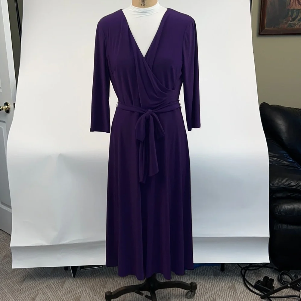 NWT $125 LAUREN RALPH LAUREN SURPLICE NECK SELFTIE A-LINE TARTAN PURPLE 12 Dress - Picture 1 of 6